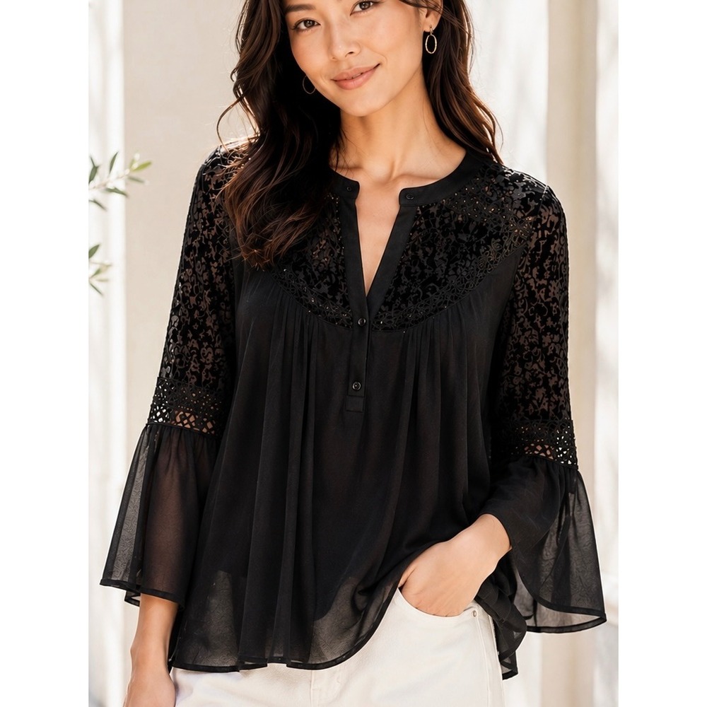 Chelsea & Theodore Womens Blouse Black Large Velvet Flocked Lace Chiffon Boho